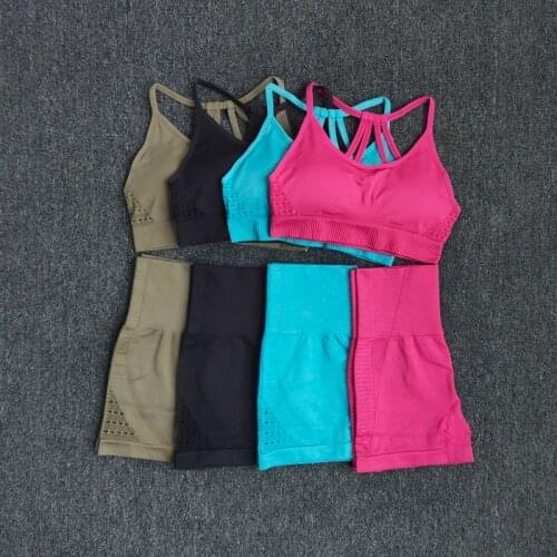 2 PCS Sports Suits Energy Seamless Yoga Set Workout Clothes For Women Sportswear High Waist Gym Shorts Padded Strappy Sports Bra