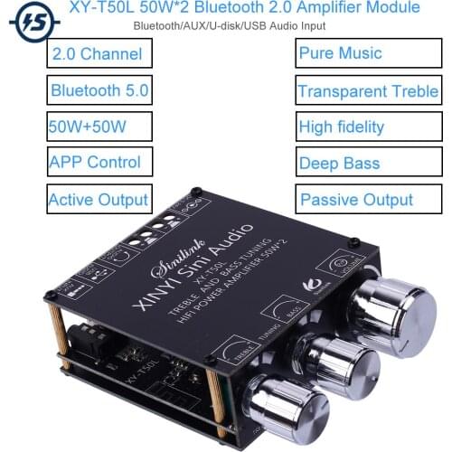 DC 5V-26V Bluetooth Amplifier 2.0 Channel 50W*2 BLE5.0 Treble Bass AUX/U-disk Audio APP Controller