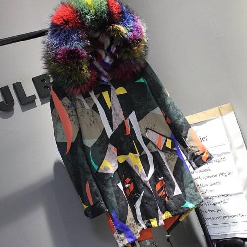 Large real mink raccoon fur jackets woman winter coat parkas mujer 2018 plus size abstract pattern coats for women long sleeve