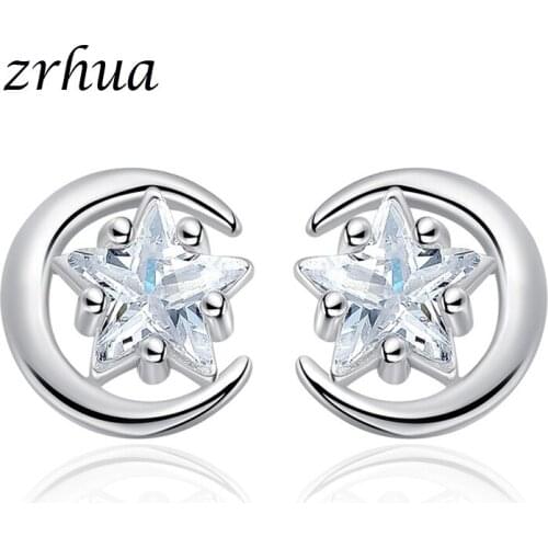 ZRHUA 100% Silver Color Moon Star Stud Earrings For Women Prevent Stylish Brincos pendientes mujer moda 2019 Brincos