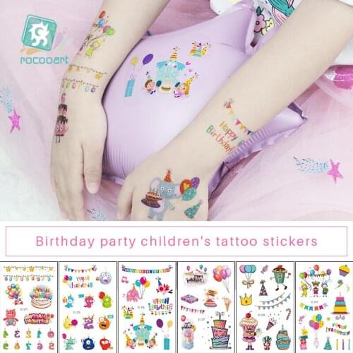 1Sheets Rocooart Birthday Temporary Tattoo Cute Cakes Balloon Design for Childrens Party Gifts Fake Kid Tattoo Sticker