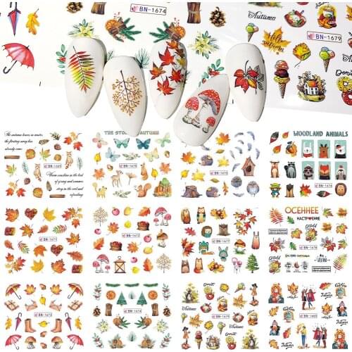 12 Designs Fall Maple Leaves Nail Art Stickers Water Decals Sliders Foil Autumn Design For Nail Manicure New Arrival BN1669-1680