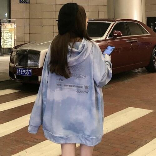 #7021 Tie Dye Hoodies Sweatshirt Tops Pullovers Coat Blue Yellow Spring Autumn Thin Casual Loose Korean Style Tracksuit Women