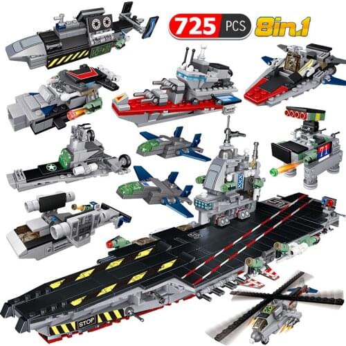 725Pcs Fighter Cars Airplane Destroyer WW2 Military Aircraft Carrier Weapon Model Building Blocks Toys For Children Toys Sets