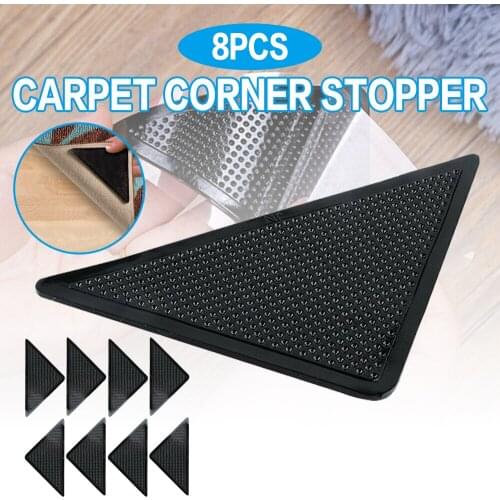 8pcs Anti-slip Carpet Corner Mats Rubber Triangle Stopper Washable Pads Doormat Reusable Patch Bath Mat Black