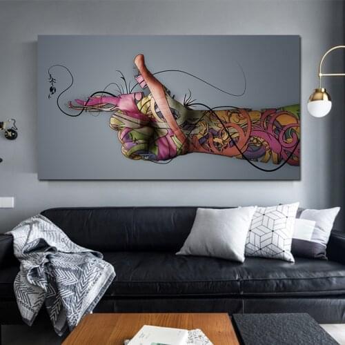 Abstract Colourful Tattoo Hand Gun Gesture Canvas Painting On Wall Art Poster And Prints Decorative Picture For Living Room