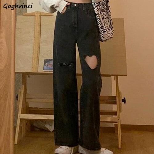 Jeans Women Denim Hole Design Fashion Streetwear Korean Style New Simple Cool High Waist Straight Pocket Loose Solid Harajuku