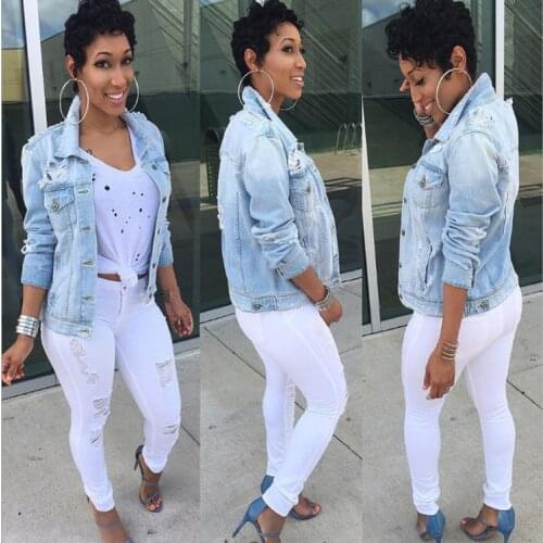 European and American spring and autumn new denim ripped jacket fashion personality plus size 5XL denim jacket women