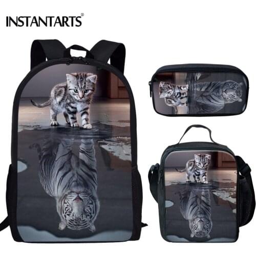 INSTANTARTS 3D Cat Reflection Tiger Printing Boys School Bags 3pcs/set Backpack Student Satchel Escolar for Children Book Bags