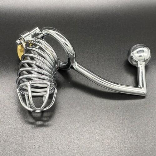 Sex Toys For Male Stainless Steel Chastity Belt Cock Cage with Butt Plug BDSM Bondage Adjustable Penis Ring Metal Penis Cage