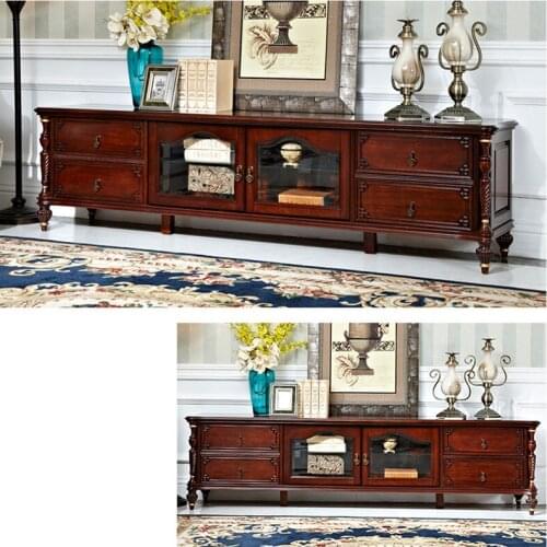 American Country Living Room Retro Floor Cabinet European Solid Wood Glass Door Storage Background Wall TV Cabinet