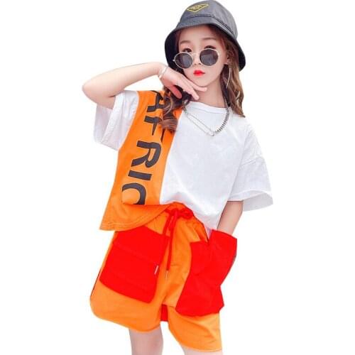 Big Childrens Clothing Suit Tide Loose Girl Stitching Two Colors Printed Letter T-Thirt+Tooling Shorts 2-Piece Set Girl Clothes