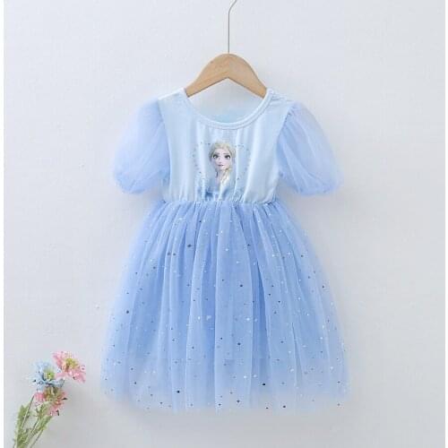 Fashion Cartoon Dress Girl Net Yarn Elsa Costume 2021 Summer Children Short-sleeved Star Princess Dress Baby Cute Dresses