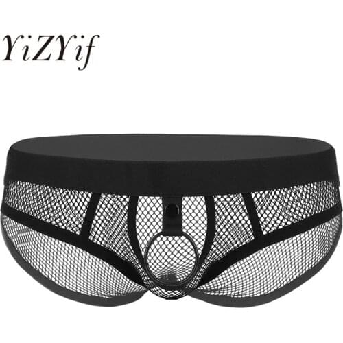 Men Fishnet Briefs Underwear Sissy Panties See Through Lingerie Low Rise Elastic Waist Open Bulge Pouch Bikini with Metal O-ring