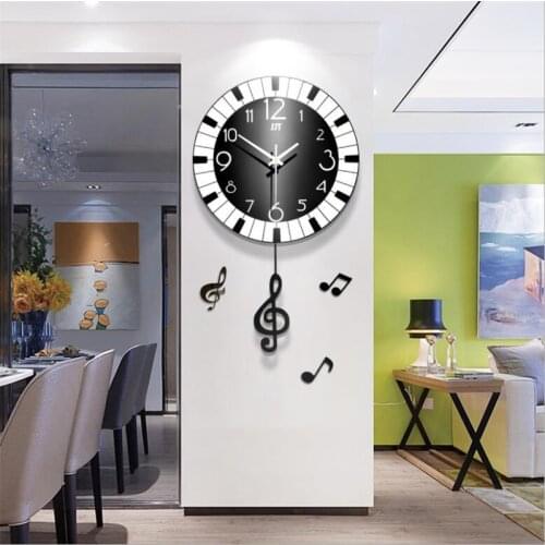 Nordic music elements wood swing wall clock living room modern minimalist imitation piano bedroom mute home clock wall chart