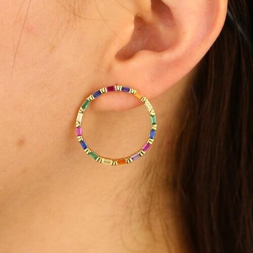 New arrived Hollow circle baguette rainbow cz earring gorgeous trendy round hoop earring colorful bohemian luxury jewelry
