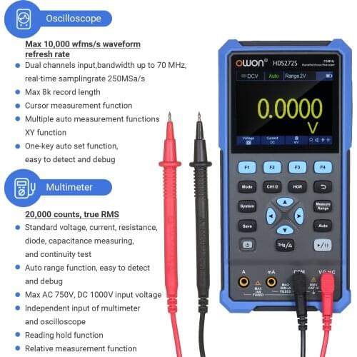 OWON HDS272S Digital Oscilloscope Multimeter Waveform Generator 20000 Counts Handheld Scope Meter Automobile Oscilloscope Mini
