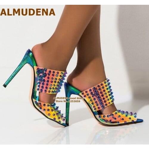 ALMUDENA Hologram Iridescent PVC Full Rivets Slippers Women Stiletto Heels Wedding Shoes Pointed Toe Studded Gladiator Sandals