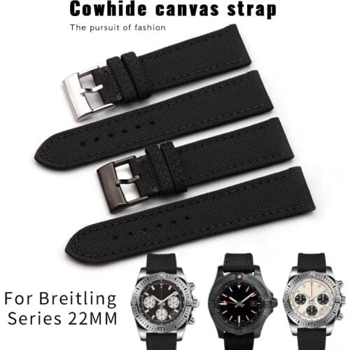 22mm Woven Nylon Cowhide Watch Strap Black Needle Buckle Watchband Suitable for Breitling Series Watch Accessories for Men