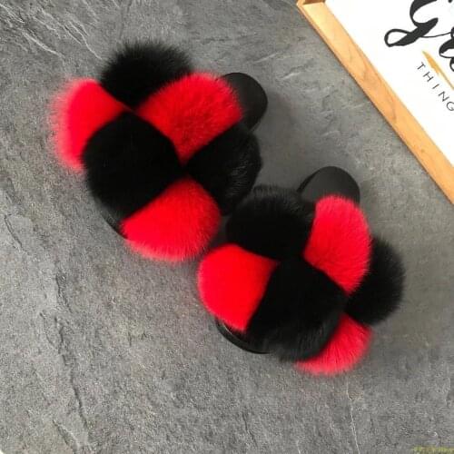 Fox Fur Ball Woolen Women Slipper Color Block Flat Cute Sandal Couple/Parent-child shoes Casual Outer Wear Flip Flops