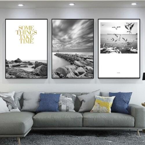 Nordic Modern Style Black And White Stone Birds Canvas Painting Seaside Posters And Prints Wall Pictures For Living Room Decor