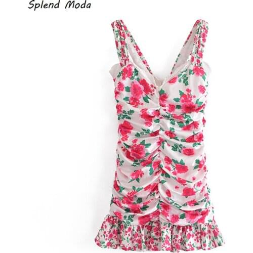 Splend Moda 2021 Summer Folds Sexy Floral Print V-Neck Stitching Lace Edge Slim-Fit Ruffles Suspender Mini Dress Women Vestido