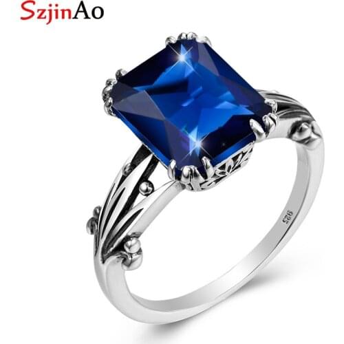 Szjinao Sapphire Rings Womens Square Vintage Gestone Ring Silver 925 Handmade Carve Wedding Rings Female Brand Fine Jewelry