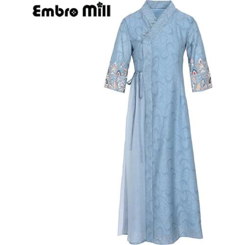 Spring And Summer New Tencel Jacquard+ Chinese Style Embroidery Half Sleeve Ladies Slim Mid-Length Dress S-XXL