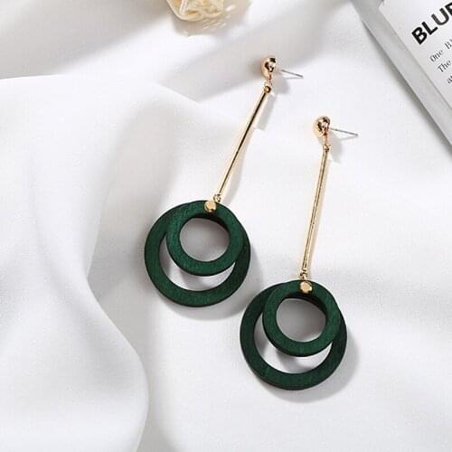 Vintage Fringed Delicate Earrings For Woman Girl Heart Double Wood Green Metal Circle Ring Geometric Trinket Earrings