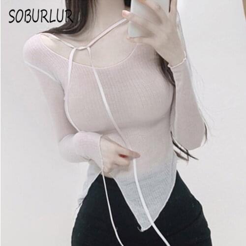 SOBURLUR Summer Sexy Womens T-Shirts Lace up Irregular Fashion Crop Tops Woman Clothing Tunics Korean Short Sleeve T shirt Tees