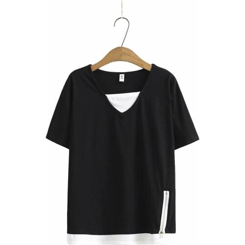 Plus size cotton zipper women summer t shirt 2021 ladies short sleeve square collar tee shirts femme black light blue t-shirt