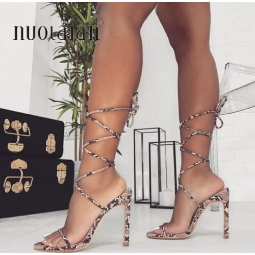 2020 Fashion Women High Heels Sandals Summer Outside Snake Print Shoes Woman Lace-Up Cross Strap Gladiator Sandals 11CM Heels