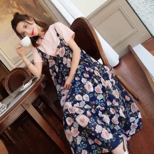 Women 2021 Summer New 2 Piece Set Female O-neck Short Sleeve Basic T-shirt + Floral Strap Dress Sets Lady Chiffon Dress Suit Y45