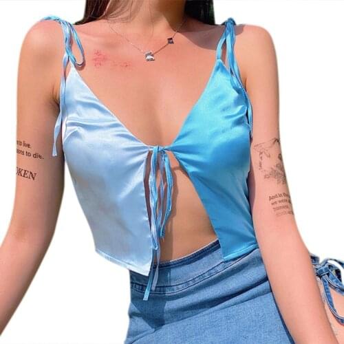 Women Lace-Up Strap Sleeveless Crop Top Blue Patchwork Imitation Silk Camisole Open Front Bandage Sling Vest Streetwear