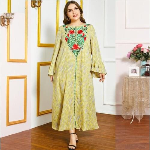 DOIB Women Abya Maxi Dress Yellow Print Emboridery Flare Full Sleeve Long Dress 2020 Autumn Muslim Bohemia Plus Size Dress