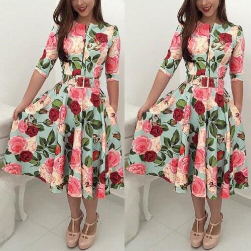 Women Floral Print 3/4 Sleeve Chiffon Casual Loose Party Vintage Dress Zipper Regular Size Pullover Summer Autumn Clothes