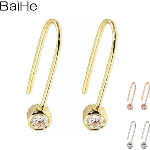 BAIHE Solid 14K Yellow Gold 0.20ct H/SI Round Natural Diamonds Wedding Trendy Fine Jewelry Ear Hook Earrings Women Cерьги Gift