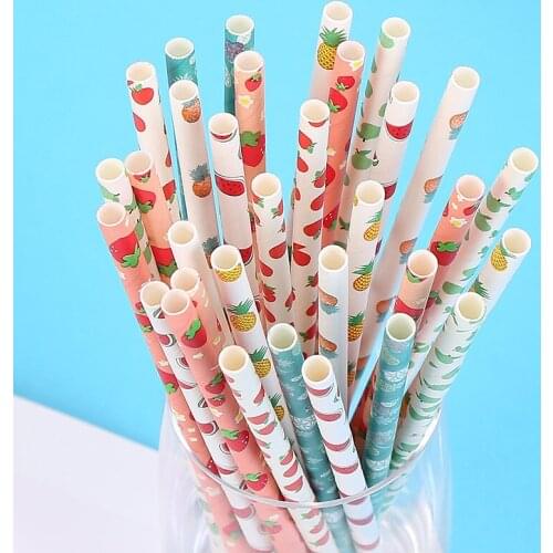 25pcs/lot Fruit Pattern Paper Straws For Kids Birthday Wedding Decoration Event Party Christmas Supplies Creative Mixed Colors