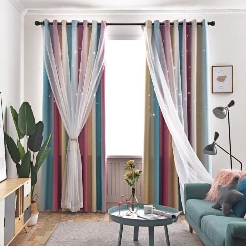 Double Blackout Curtains With White Sheer Polyester Fabric Hollow Star Living Room Kitchen Decor Car Window Panels Baby Bedroom