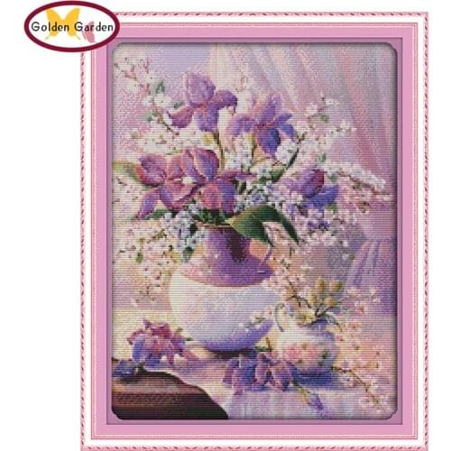 GG Purple Vase Printed Design Cross Stitching Handmade Craft Painting Needlework Cross Stitch Set Embroidery Kit for Home Decor