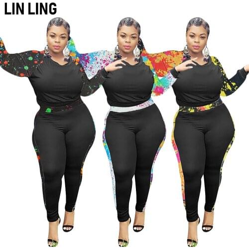 LINLING Personalized Graffiti Print Crew Neck Long Sleeve T-shirt and Skinny Matching Suit Stretch Nightclub Party Dress