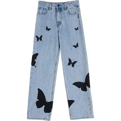 Harajuku Butterfly Print Jeans Women Streetwear Jeans Loose High-rise Straight-leg Jeans Vintage Washed Jeans Fashion Man Jeans