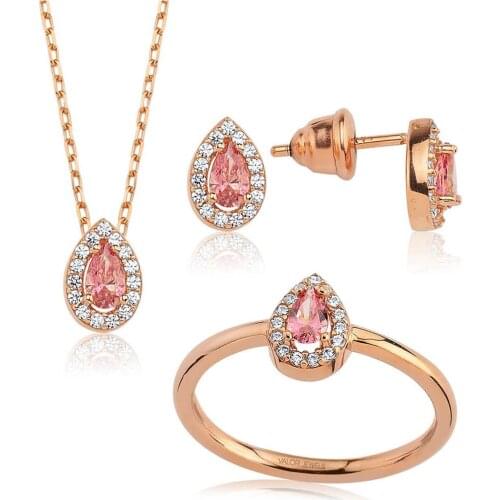 Valori Jewels 0.80 Carat, Zirconia Pink And White Pear Gemstone, Rose Gold Plated, Sterling Silver Trio Set
