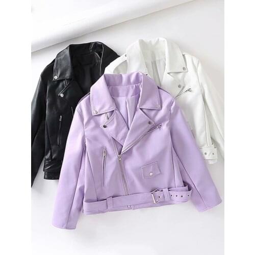 FTLZZ Spring Autumn Women Faux Leather Jacket Streetwear Lapel Oversized Purple Pu Leather Loose Coat with Belt Lady Outwear