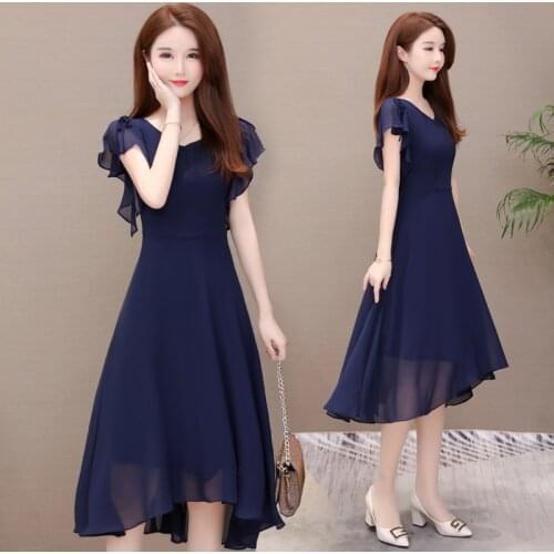 Summer Knee-Length A-Line Petal Short Sleeve Chiffton Irregular Elegant Simple Black Navy Red Plus Size Cocktail Dresses 9232