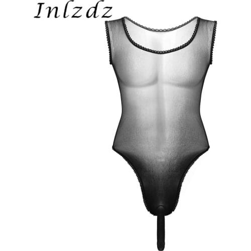 Mens Lingerie See Through Leotard Bodysuit Sheer Lace Mesh Scoop Neck Sleeveless High Cut Bulge Pouch Jumpsuit Nightwear