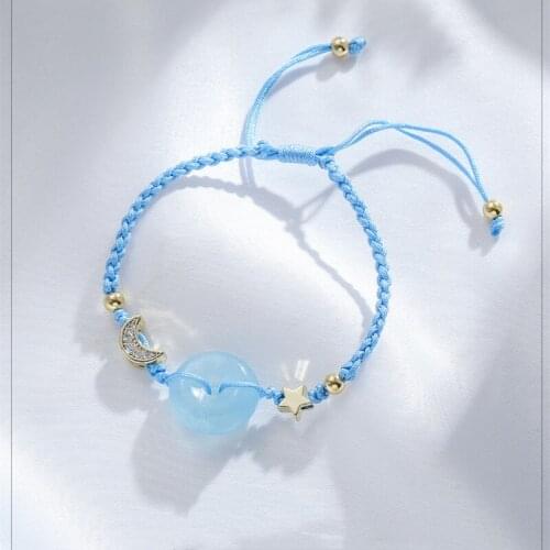 Natural Aquamarine Safe Buckle Bracelet Female Star And Moon Guardian Braided Rope Bracelet Female Girlfriend Gift
