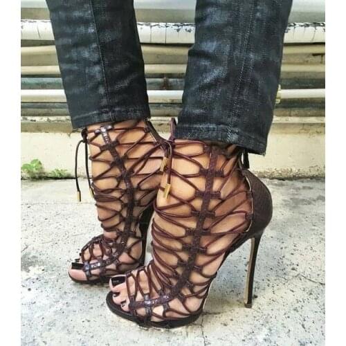 Sexy Coffee Leather Women Sandals Snakeskin Stiletto Heels Cross Strappy Sandals Cut-out Lace-up Gladiator Heels Dress Shoes
