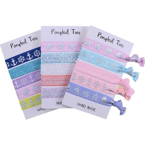 3 sets/lot (15pcs) Shell printed hair band silver hologram anchor hair ties mermaid fish scales elastic band