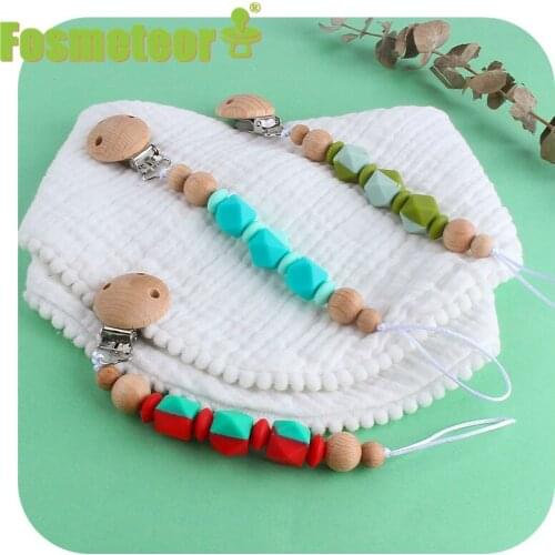 Fosmeteor Silicone Beads Hexagon Beech Wooden Beads Baby Teether Pacifier Clips Wood Crafts Toys Gift Pacifier Holder Chain